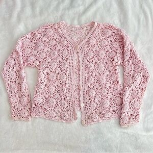 Crochet Pink Flower Women Cardigan Sweater